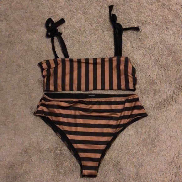 Boohoo Tonal Stripe Bow High Waist Bikini Set - Picture 5 of 5